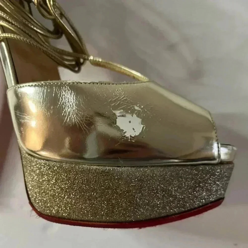 Christian Louboutin Lady Peep Gold Glitter Platform Heels Women’s EU 36 - Picture 8 of 15